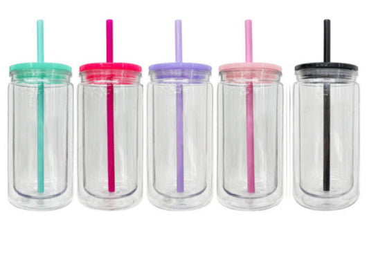 16oz. CLEAR ACRYLIC/PLASTIC DOUBLE WALLED PRE-DRILLED SNOW GLOBE WITH COLORED LIDS *WHOLESALE NOT FOR CUSTOMS*